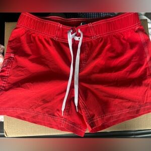 Bright Red women’s  Swim shorts with White Drawstring